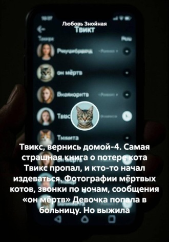 Любовь Знойная. Твикс, вернись домой-4. Самая страшная книга о потере кота Твикс пропал, и кто-то начал издеваться. Фотографии мёртвых котов, звонки по ночам, сообщения «он мёртв» Девочка попала в больницу. Но выжила
